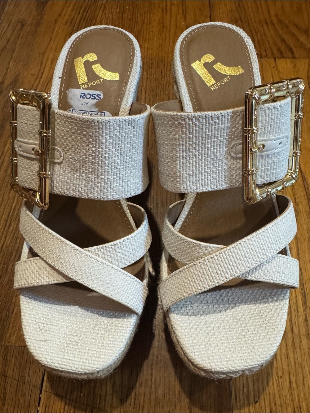 Report Cream Woven Wedge Sandals with Gold Buckle Detail